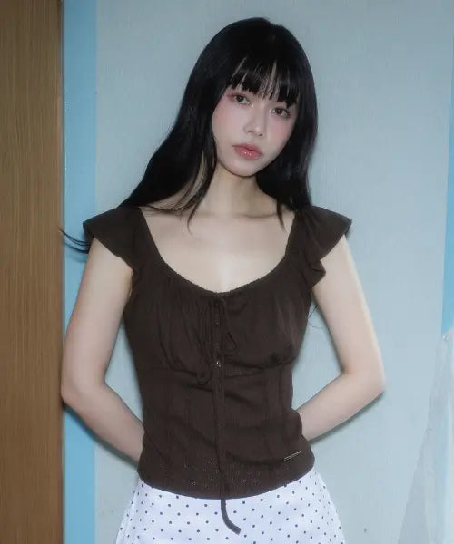 [ROSEFRANTZ] Ribbon Shirring Sleeveless [Brown]