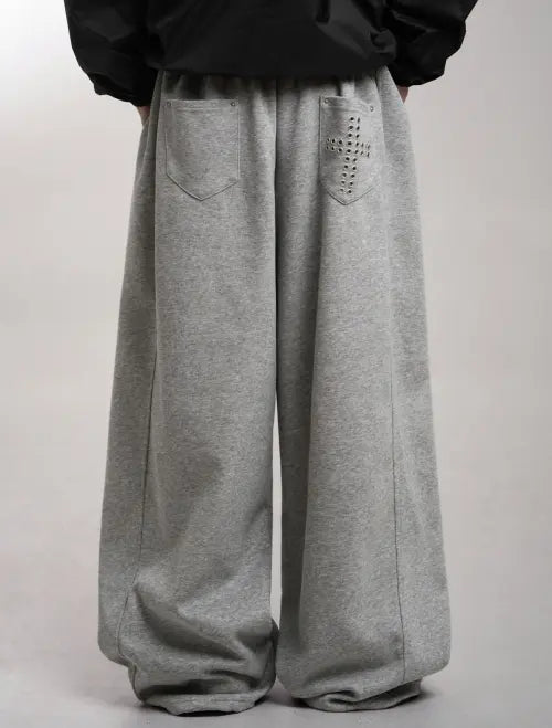 [LOOXP] Cross Eyelet Banding Wide Long Pants - Grey / 크로스 아일렛 밴딩 와이드 롱팬츠  그레이