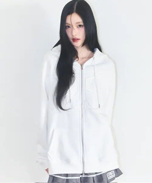 [ILLIGO] 129 LOGO PATCH HOODIE ZIP-UP DOT MELANGE / 129 로고 패치 후드 집업 화이트