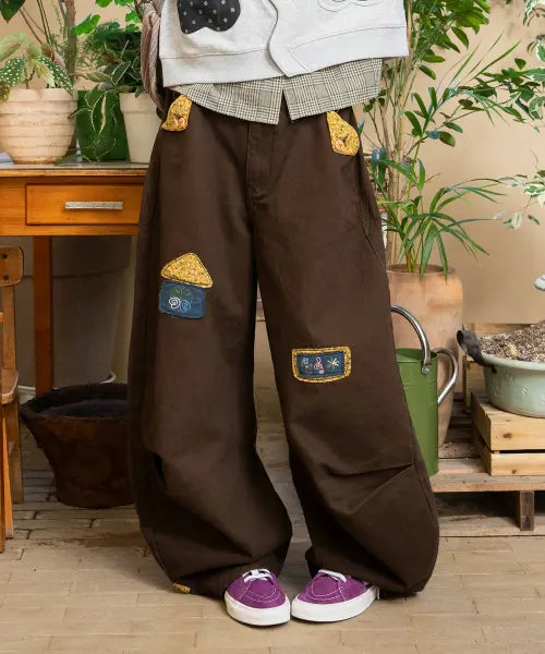 [RuNaKi'Hu'] WXP083 Omame Floral Contrast Pants (BROWN) / WXP083 오마메 꽃무늬 배색 팬츠 (BROWN)