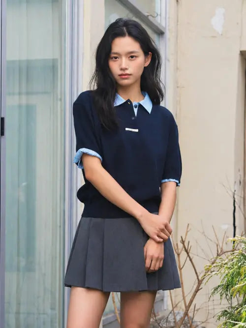 [GENERALIDEA] woman shirt collar pique half knit [navy] / 셔츠 카라 피케 하프 니트 [NAVY] / GF2LKP531