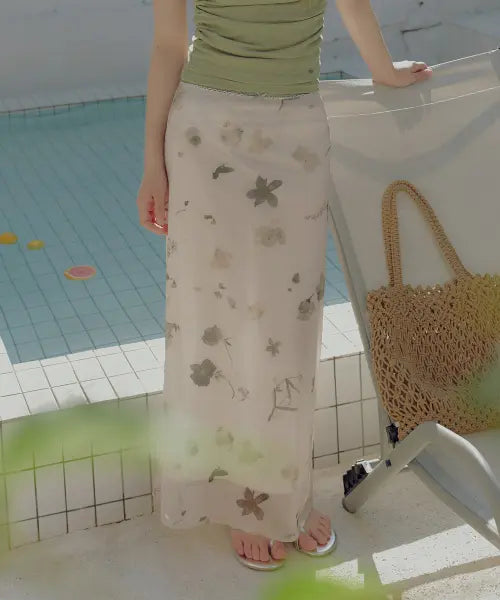 [TWEE] Port Flower Mesh Banding Long Skirt / 포트 플라워 매쉬 밴딩 롱 스커트