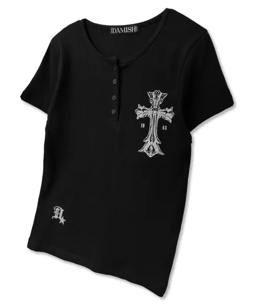 [DAMISH] Gothic Cross Henley Neck Short Sleeve_Black / 고딕 크로스 헨리넥 숏슬리브_블랙