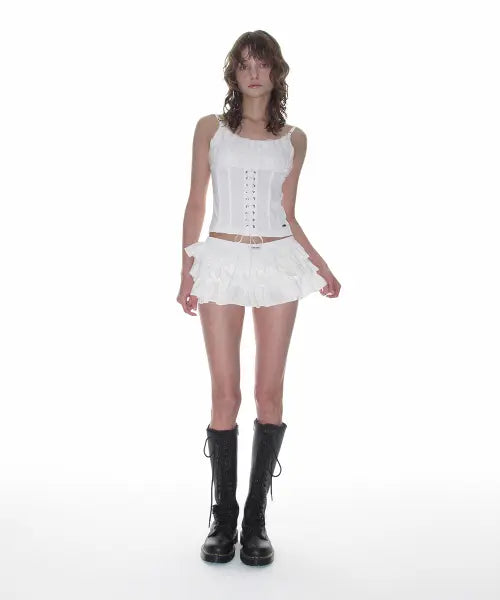[CRANK] Lace Draped Wrap Skirt_Black / 티어드 마이크로 스커트 팬츠_화이트