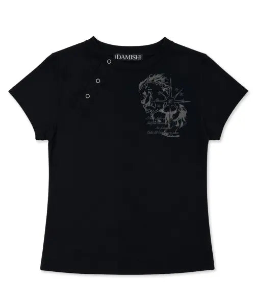 [DAMISH] Pony Graphic Asymmetric Button T-Shirt_Black / 포니 그래픽 사선 버튼 티셔츠_블랙