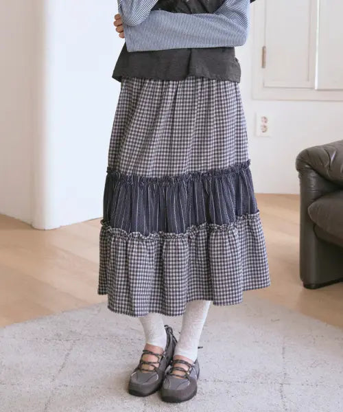 [THE GREEN LAB] Vintage Tiered Check Skirt [Navy] / 빈티지 캉캉 체크 스커트 [네이비]