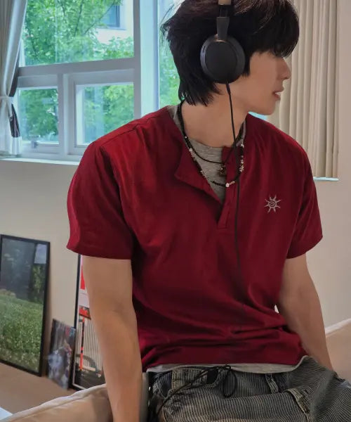 [NODI] Cotton 30s Layered Henley Neck crop Tee burgundy / 코튼 30수 레이어드 헨리넥 반팔 크롭 티셔츠 버건디