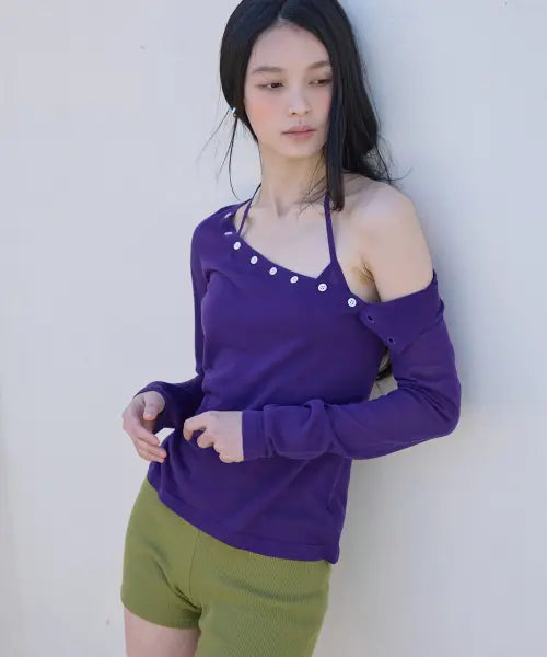 [MICHIKO LONDON KOSHINO] Off Shoulder Sleeveless Knit Set Purple / 오프숄더 슬리브리스 니트 세트 퍼플