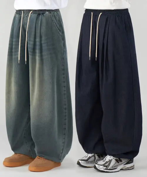 [UNTAPPED STUDIO] Likelinen two-tuck wide balloon denim banding pants 4 colors / 라이크 린넨 투턱 와이드 벌룬 데님 밴딩팬츠 4Color