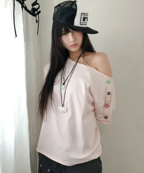 [HUG YOUR SKIN] Candy button loose T (Pink) / 캔디 버튼 루즈 티 (핑크)