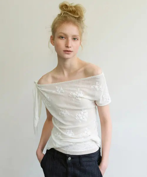 [AOPT] SHEER FLORAL ONE-SHOULDER TOP - IVORY