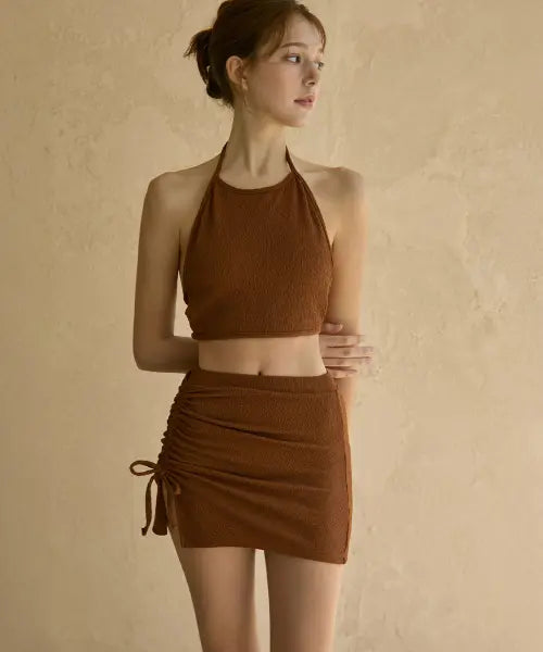 [VIKINI VENDER] Costa Backless Halterneck Bikini Skirt Set 3pcs - Brown / 코스타 백리스 홀터넥 비키니 스커트 Set 3pcs - Brown