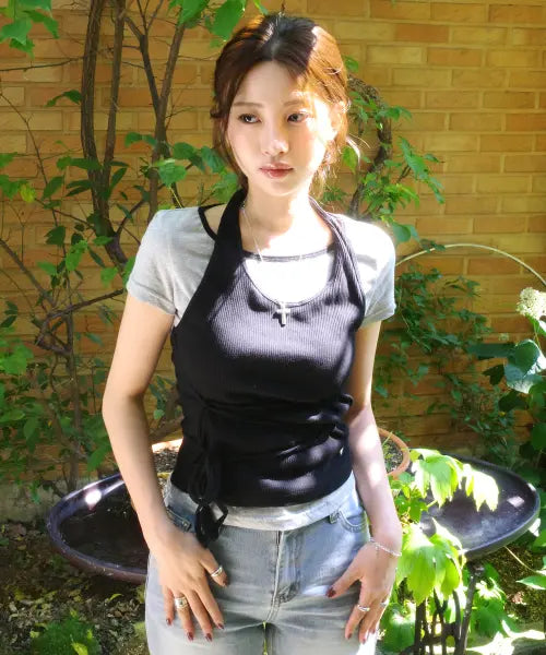 [SECONDSALT] STRAP RIBBED HALTER TEE (MELANGE GREY) / 스트랩 레이어드 골지 홀터넥 티셔츠 (멜란지그레이)