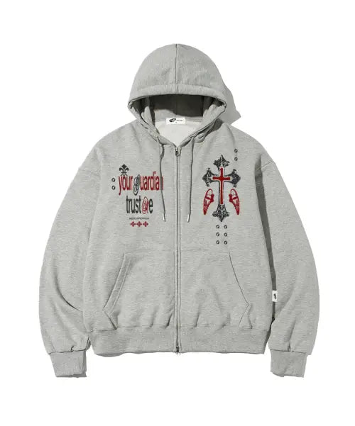 [ESCAPEFROM] Guardian Cross Print Two-Way Hooded Zip-Up Grey / 가디언크로스 프린트 투웨이 후드집업 그레이