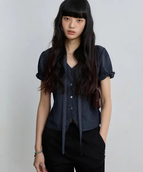 [EUGGEN] SOFT TIE BUTTON BLOUSE_CHECK NAVY / 소프트 타이 버튼 블라우스_체크 네이비