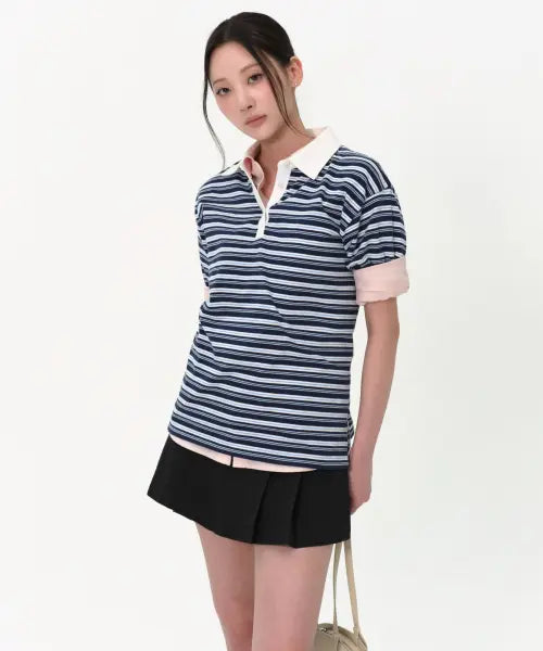 [MUSINSA STANDARD WOMAN] Women's Multi Stripe Short Sleeve Rugby Shirt [Navy] / 우먼즈 멀티 스트라이프 반소매 럭비 셔츠 [네이비]