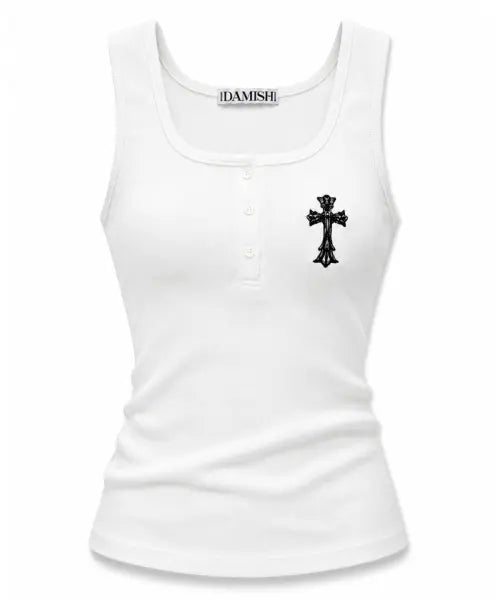 [DAMISH] Gothic Cross Embroidery Button Tank Top_Ivory / 고딕 크로스 자수 버튼 탱크탑_아이보리