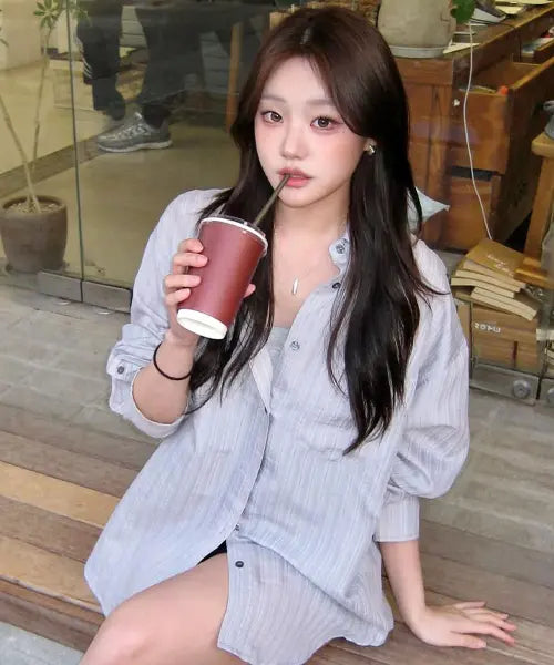 [MONGDOL] Stripe See-Through Oversized Shirt - Grey / 스트라이프 시스루 오버핏 셔츠 그레이 MDSH019STGRAY