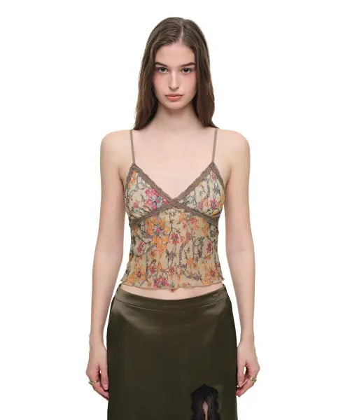 [TOOMUCHTAX] Metallic Floral 03 Lace Cami Top Yellow / 메탈릭 플로럴 03 레이스 카미탑 옐로우