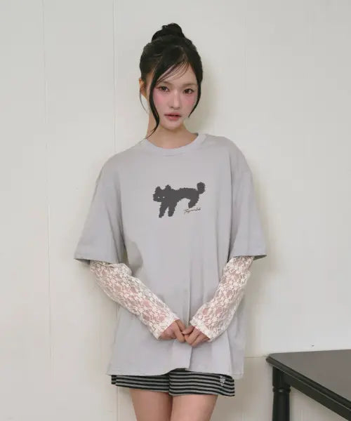 [THE GREEN LAB] Lace Sleeve Layered Cat T-Shirt [Light Gray] / 레이스 소매 레이어드 캣 티셔츠 [라이트 그레이]