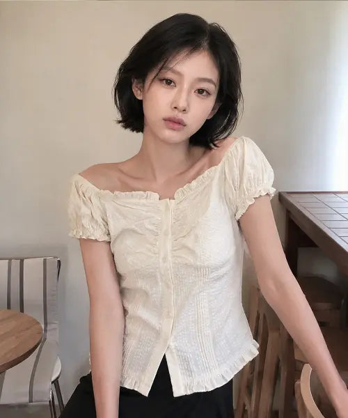 [GENERALIDEA] woman cap sleeve shirring puff blouse [cream] / 캡 슬리브 셔링 퍼프 블라우스 [CREAM] / GF2LBL516