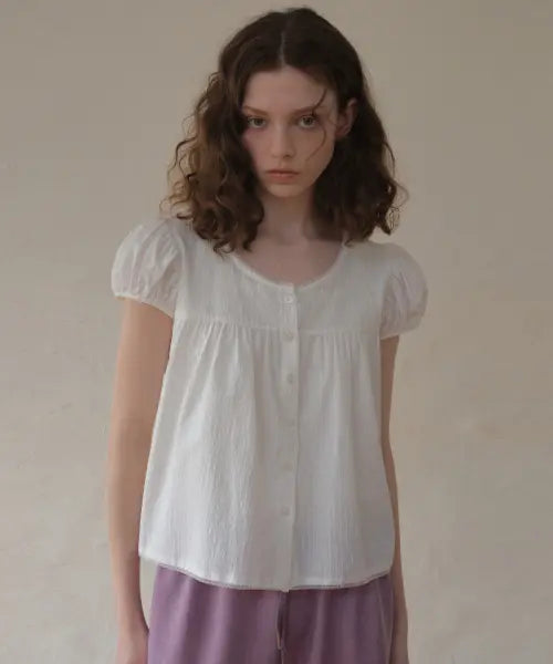 [OURNOSTALGIA] Fina Check Shirring Blouse_White(OC26BL01) / Fina Check Shirring Blouse_White(O26BL01)