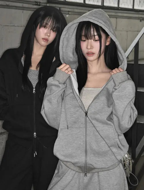 [LOOXP] Basic Solid Two-Way Oversized Hooded Zip-Up Gray / 베이직 무지 투웨이 오버핏 후드집업 그레이