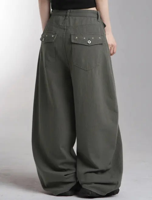 [LOOXP] Stud Back Pocket Cotton Balloon Long Pants Charcoal / 스터드 백포켓 코튼 벌룬 롱팬츠 차콜