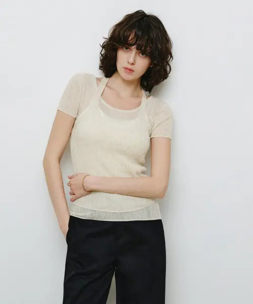 [MONGDOL] Ribbed Halter Neck Sleeveless Top & Short Sleeve Knit Set - Oatmeal / [SET] 골지 홀터넥 나시 \u0026 반팔 니트 오트밀 MDKT129OATMEAL