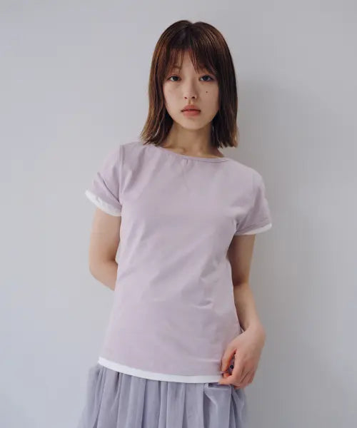 [OHESHIO] BACK BUTTON SHIRRING T-SHIRT, LAVENDER