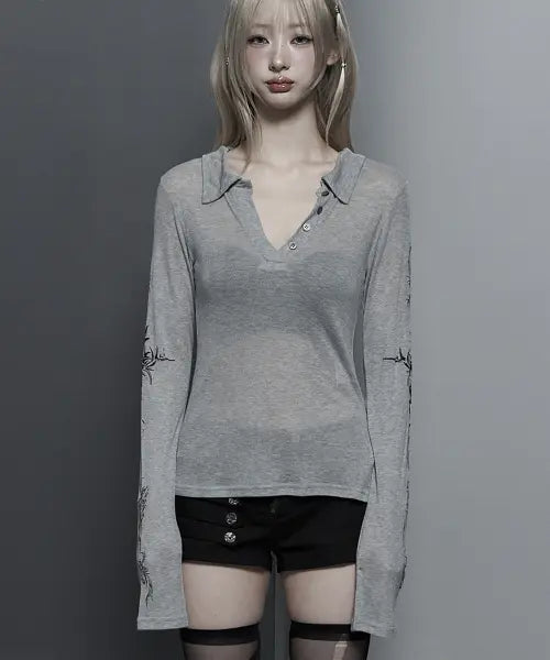[ETRE AU SOMMET] Rib Collar tattoo Long Sleeve Top (Light Gray)