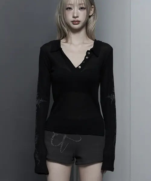 [ETRE AU SOMMET] Rib Collar tattoo Long Sleeve Top (Black)