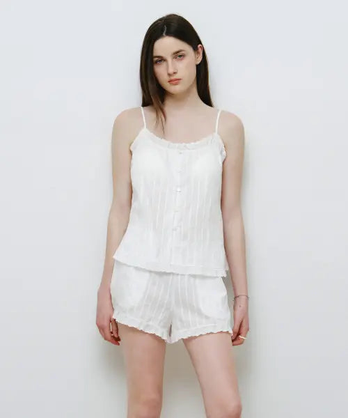 [MONGDOL] Built-in Bra Shirring Sleeveless Cotton Pajama Set - White / [SET] 캡 내장 셔링 나시 코튼 파자마 화이트 MDPJ004WHITE