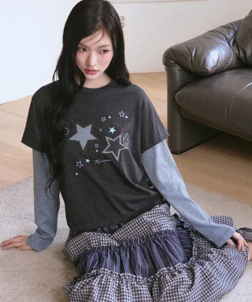 [THE GREEN LAB] Star Patch Layered T-Shirt [Charcoal Grey] / 스타 패치ST 레이어드 티셔츠 [차콜 그레이]