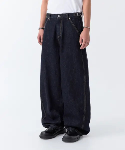 [ODDSTUDIO] Curved Raw Wide Denim Pants - INDIGO / 커브드 생지 와이드 데님 팬츠 - INDIGO