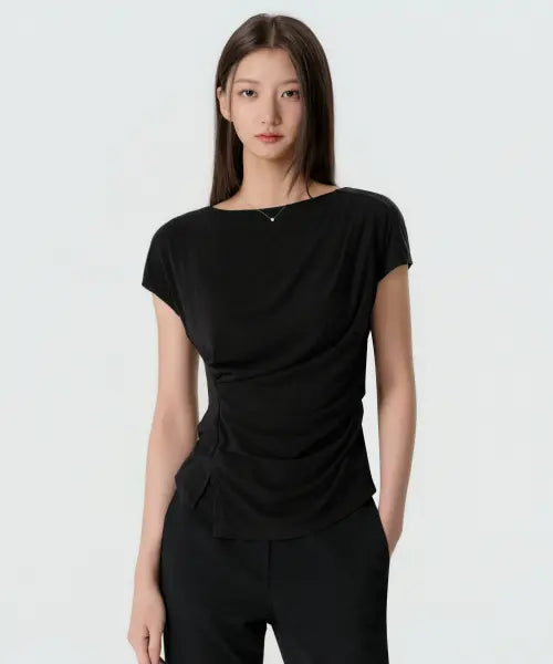 [MUSINSA STANDARD WOMAN] Women's Drape Boat Neck T-Shirt [Black] / 우먼즈 드레이프 보트 넥 티셔츠 [블랙]