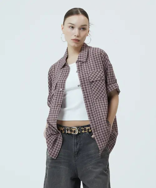 [MAHAGRID] ROLL-UP CHECK HALF SHIRT PINK(MG2GMMW360A)