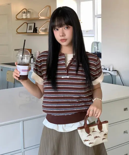 [GENERALIDEA] woman stripe collar half knit [brown] / 스트라이프 카라 하프 니트 [BROWN] / GF2LKP525