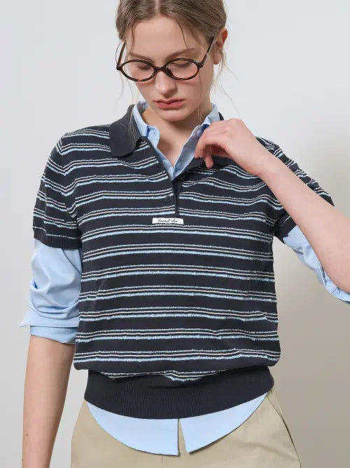 [GENERALIDEA] woman stripe collar half knit [navy] / 스트라이프 카라 하프 니트 [NAVY] / GF2LKP525