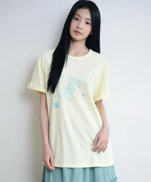 [BAUF] Roll-up Melody Oversized T-shirt [Lemon] / 롤업 멜로디 오버핏 티셔츠 [레몬]