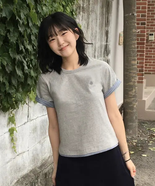 [SLOW RECORD HOUSE] Layered Check Roll-Up T-Shirt_Grey / 레이어드 체크 롤업 티셔츠_그레이
