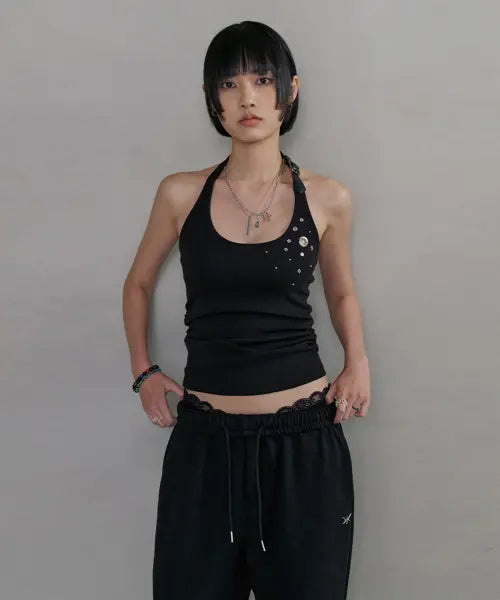 [NO EXTRA TOUCH] Eyelet Belted Halterneck Shirred Top (Black) / 26SPSL001BK