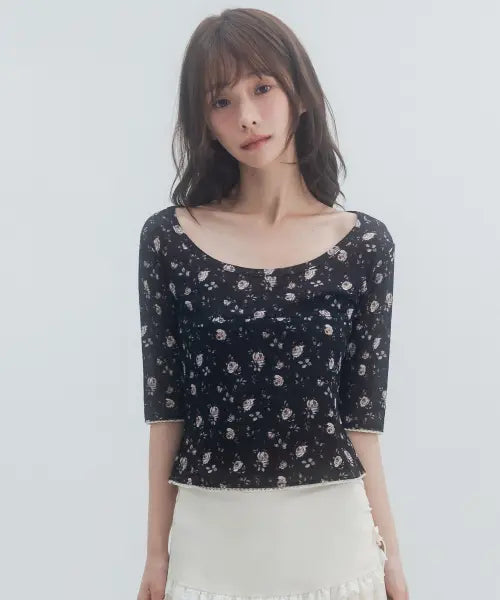 [HIGH SCHOOL DISCO] 7-Sleeve Lace Flower T-shirt_Black / 7부 레이스 플라워 티셔츠_블랙