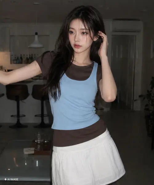 [GENERALIDEA] woman two-way color layered t-Shirt [sky blue] / 투웨이 컬러 레이어드 티셔츠 [SKY BLUE] / GF2LTS532