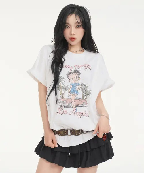 [CNVS] BETTY BOOP IN LA Oversized T-Shirt_White / 베티붑 인 엘에이 오버핏 반팔 티셔츠_화이트