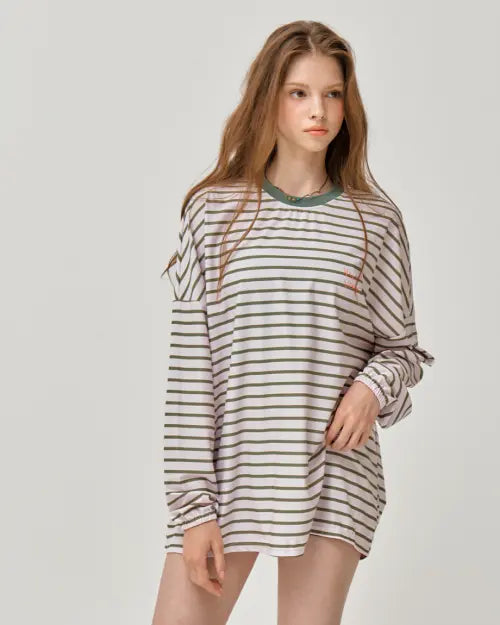 [VIKINI VENDER] Striped Lettering Loose Fit Rash Guard - Beige / 스트라이프 레터링 루즈핏 래쉬가드 - Beige