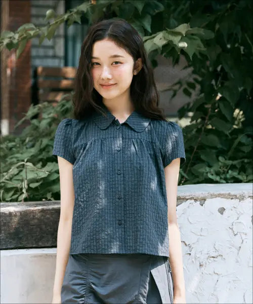 [MIXXO] Shirred Check Short Sleeve Shirt