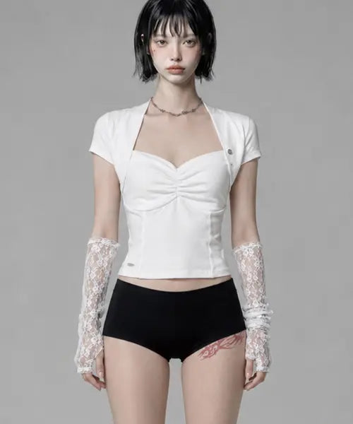 [ETRE AU SOMMET] Shirring Eyelet Bolero Top (White)