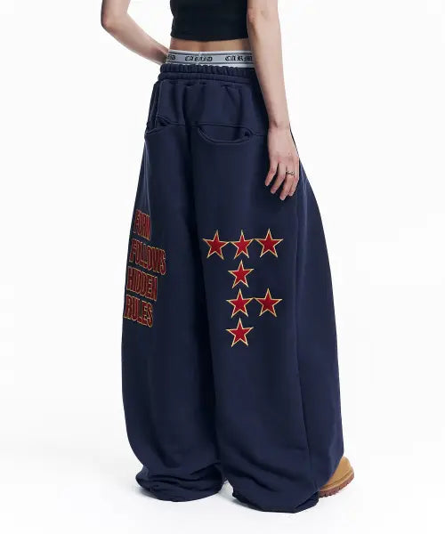 [EASY NO EASY] Star Lettering Patch Sweatpants - Navy / 스타 레터링 패치 스웻 팬츠 - 네이비