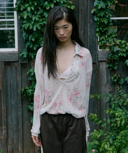 [HOKUSPOKUS] Flower Henley Loose Tee_Ivory / 플라워 헨리 루즈 티_아이보리